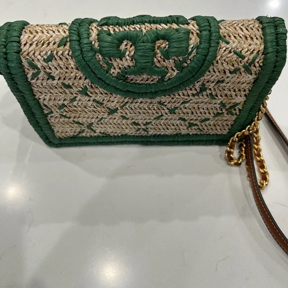 NWOT Tory Burch Fleming Soft Straw Wallet Crossbody - Arugula Green Chain Bag - Picture 5 of 12